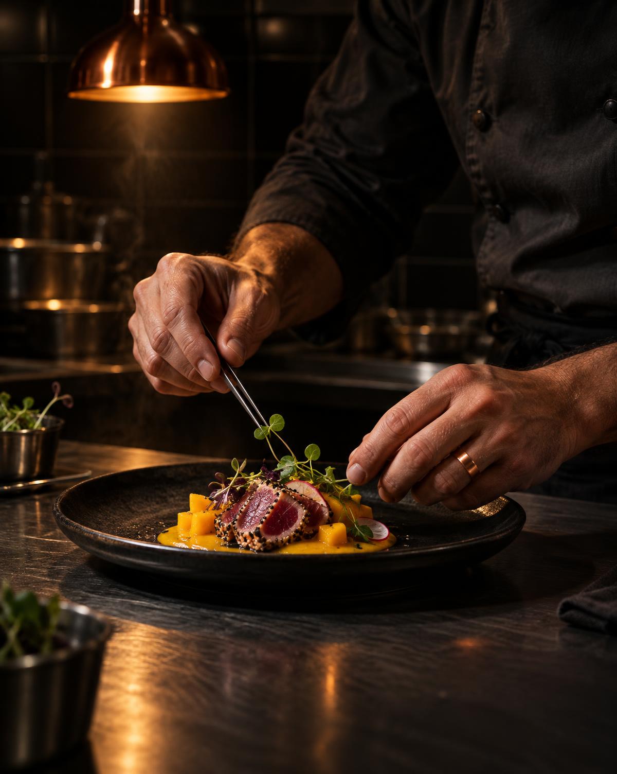 A chef's hands finishing a plate under a single warm light